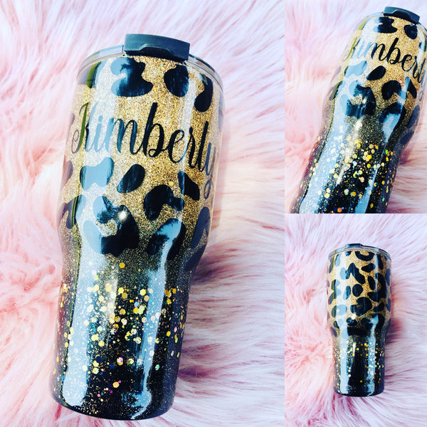 Cheetah and Black Ombre Personalized Glitter Tumbler.
