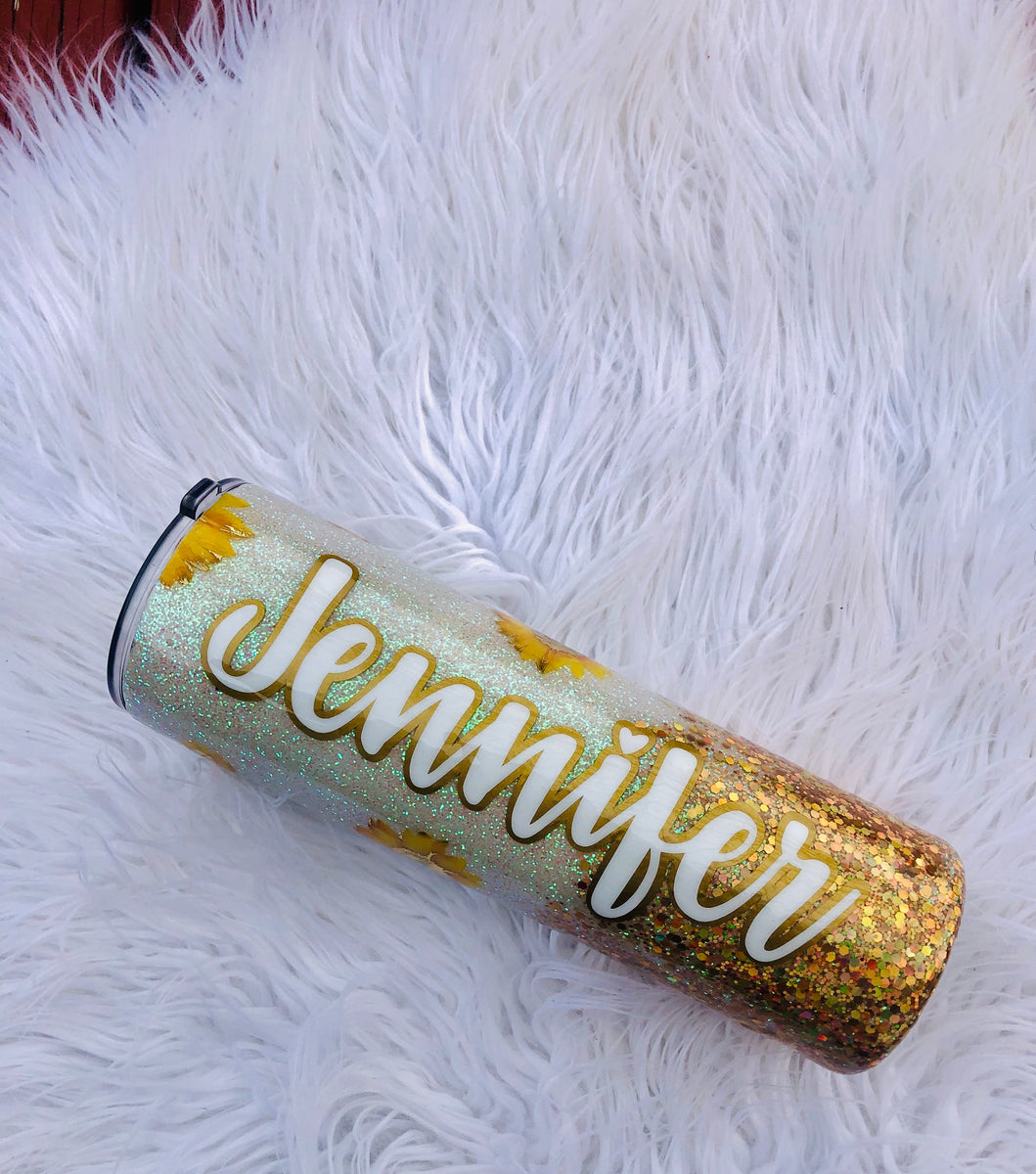 Sunflower Gnome Gold Glitter Tumbler, Personalized!
