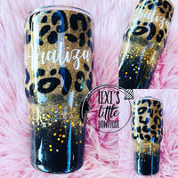 Cheetah and Black Ombre Personalized Glitter Tumbler.